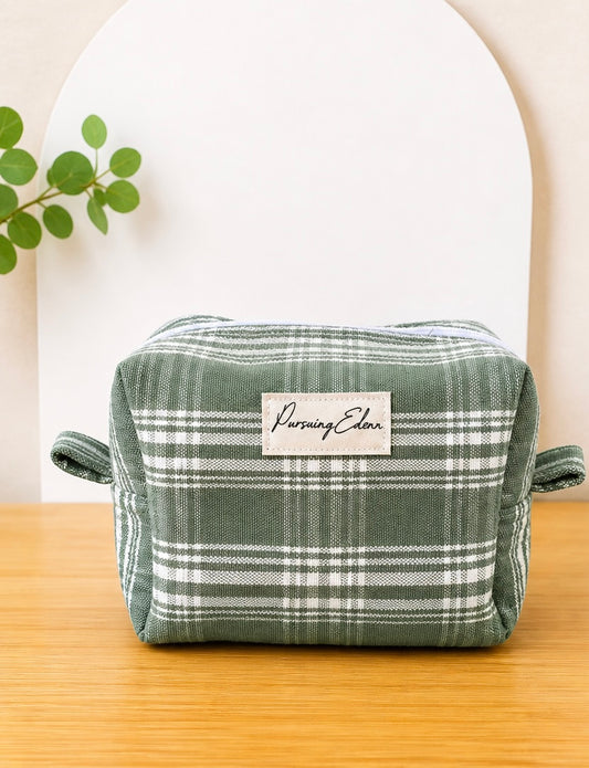 Evergreen Plaid Makeup Bag I Cottagecore Cosmetic Pouch