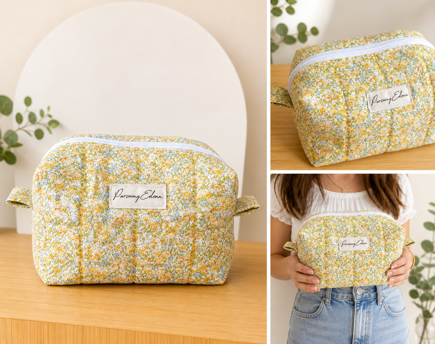 Golden Meadow Quilted Makeup Bag | Floral
Cosmetic Pouch | Travel Toiletry Bag