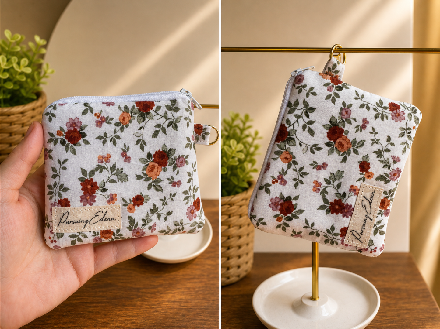 White Floral Zipper Pouch