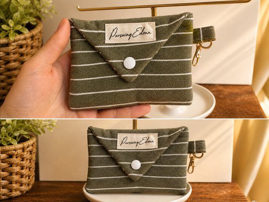 Green and White Striped Envelope Wallet | Handmade Snap Closure Card Holder