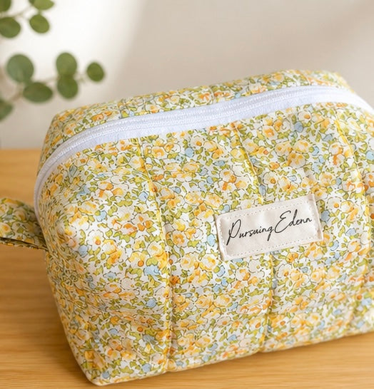 Golden Meadow Quilted Makeup Bag | Floral
Cosmetic Pouch | Travel Toiletry Bag