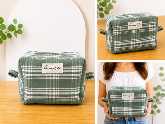 Evergreen Plaid Makeup Bag I Cottagecore Cosmetic Pouch