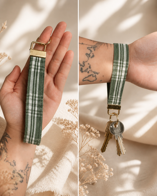 Green Plaid Wristlet Keychain - Handmade
Fabric Key Fob