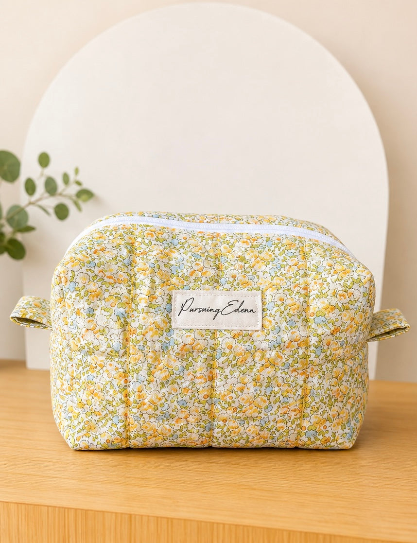 Golden Meadow Quilted Makeup Bag | Floral
Cosmetic Pouch | Travel Toiletry Bag