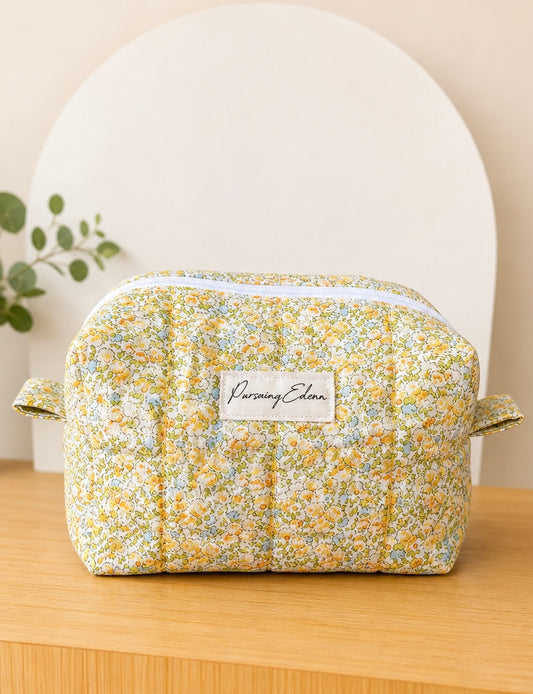 Golden Meadow Quilted Makeup Bag | Floral
Cosmetic Pouch | Travel Toiletry Bag
